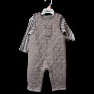 Little Me Quilted Beige Overalls with Striped Top
